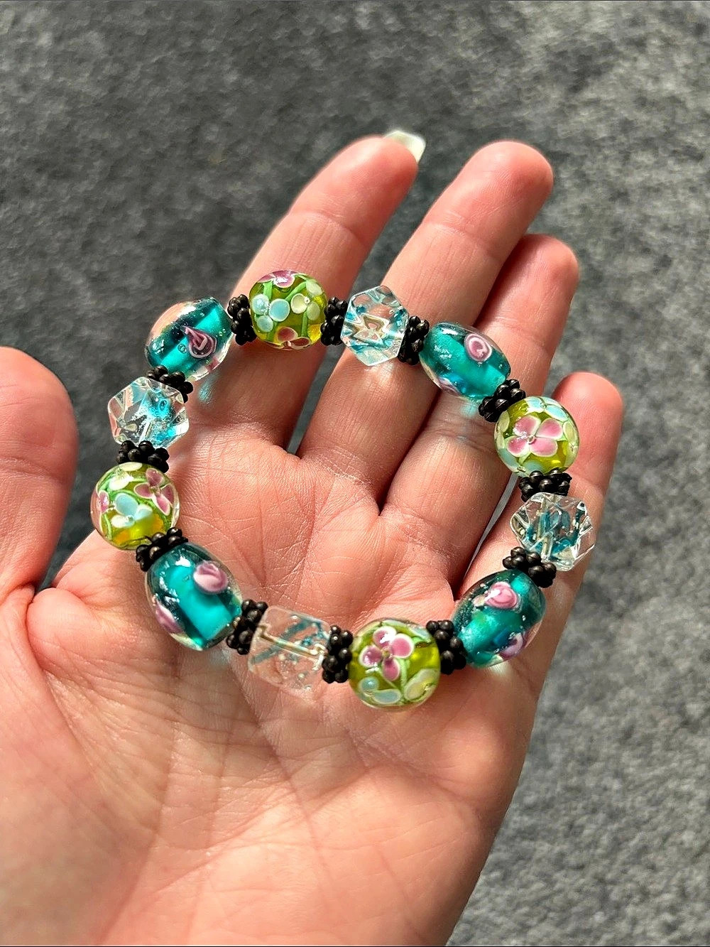 Floral Beaded Stretch Bracelet Green & Blue